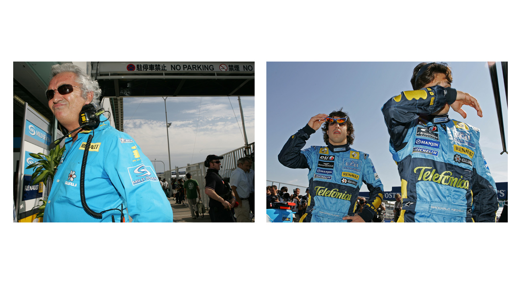 Team boss of Renault F1 Flavio Briatore and right Renault Drivers Fernando Alonso and Giancarlo Fisichella