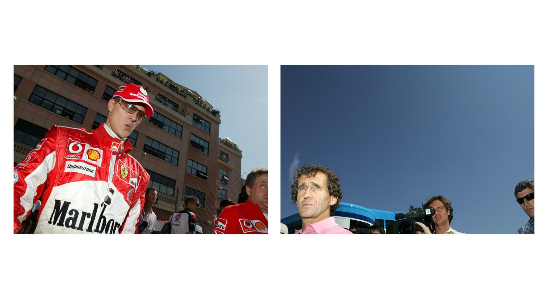 Michael Schumacher walks through the Monaco paddock and on the right Alain Prost
