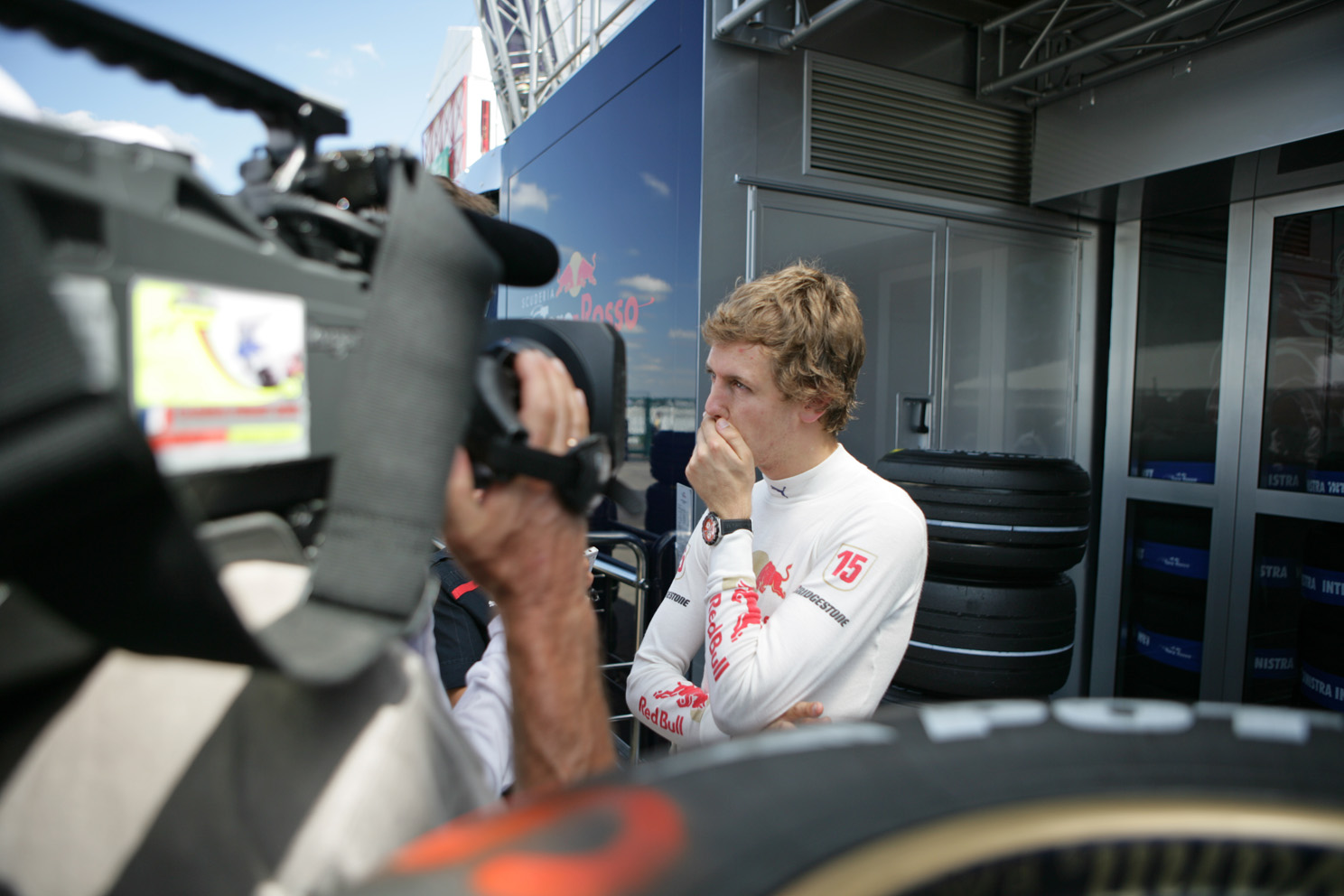 Seb faces the press, at the French Grand Prix