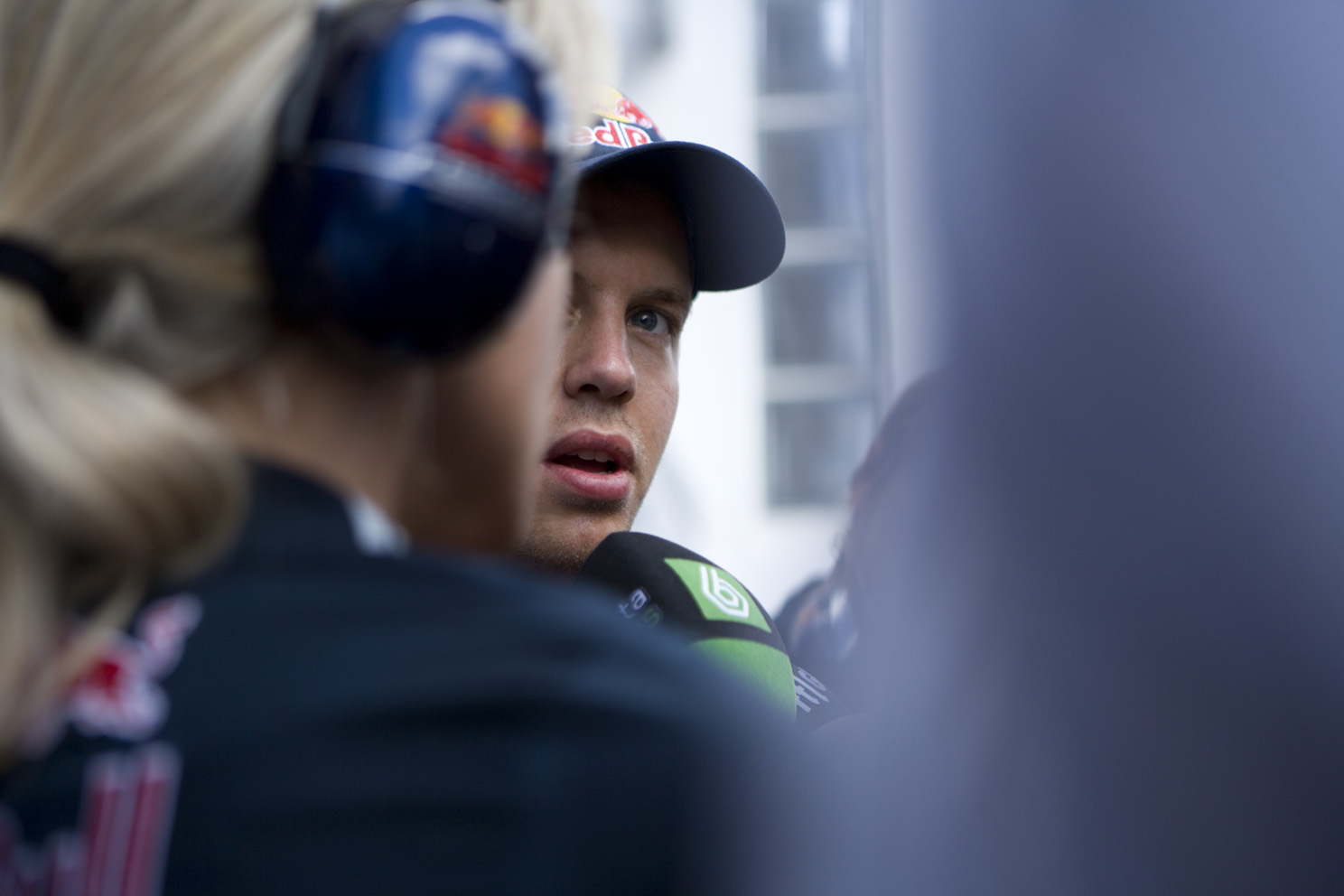 Sebastian Vettel talks to the international media, at the Hungarian Grand Prix