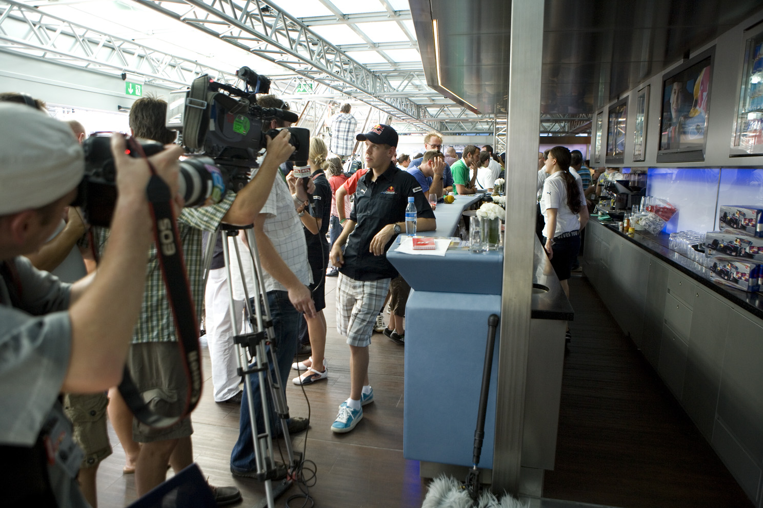Sebastian Vettel talks to the international media, at the Hungarian Grand Prix