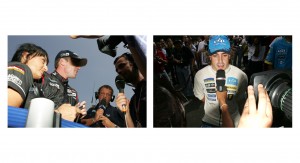 Minardi's Robert Doornbos talks to the TV and Fernando Alonso