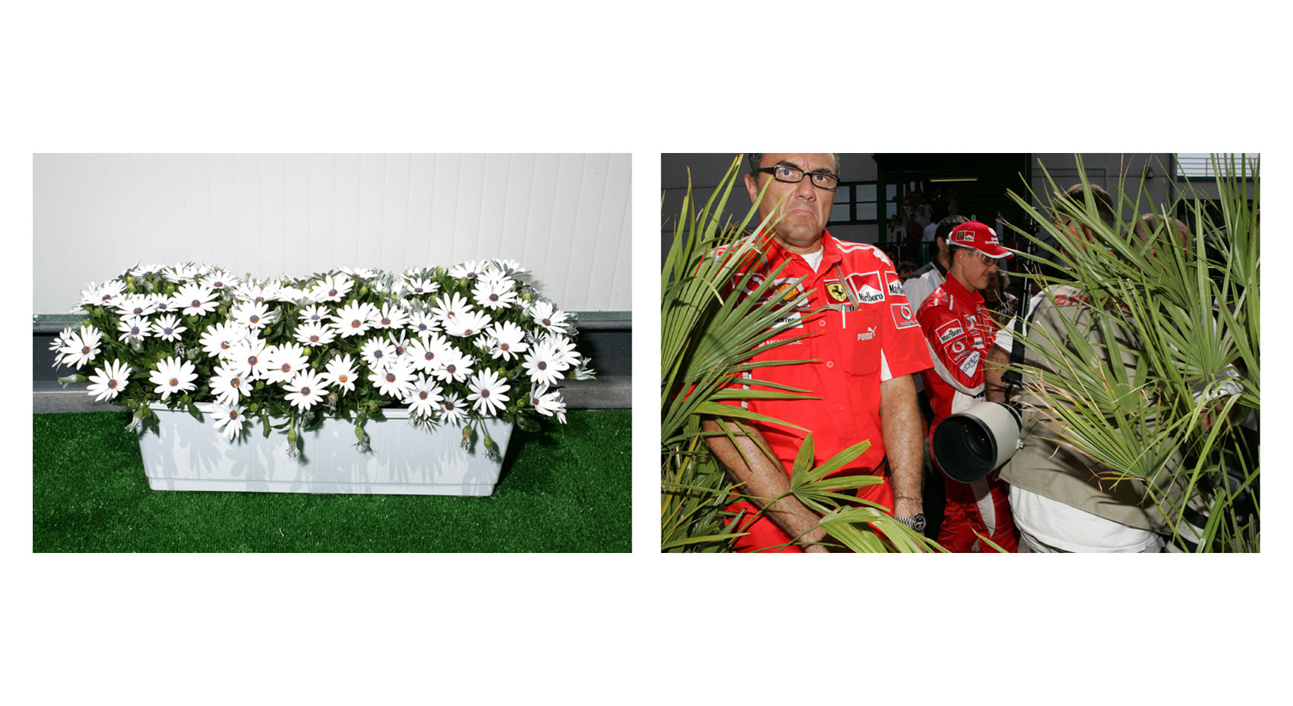 Flowers outside Bernies truck, Michael Schumacher walks through the paddock