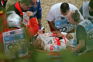 Lewis Hamilton after crashing at the German Grand Prix, don't worry, it looks much worse than it is